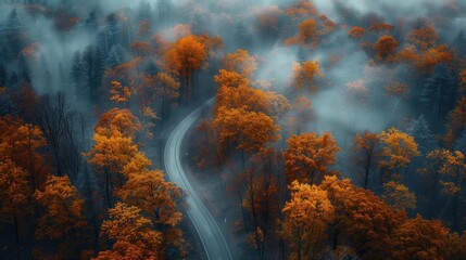 霧に包まれた紅葉の山道