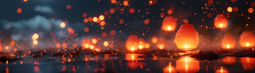 Minimalist 3D Blender lanterns, night sky, warm glow
