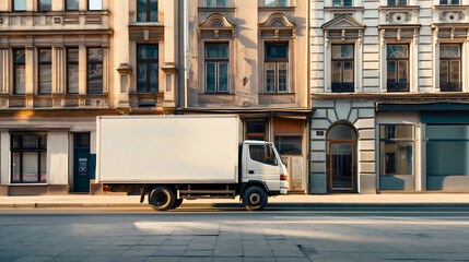 Truck with blank white empty wide horizontal space for marketing advertisement template passing through the city street road transport - obrazy, fototapety, plakaty