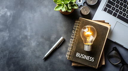 Top view of business book placed on the office table or desk on laptop. Workplace knowledge and education for a job, entrepreneur studying reading, lightbulb, success literature learning, copy space
