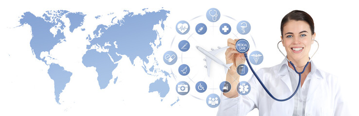 smiling doctor with stethoscope and airplane on world map and medical icons background, medical insurance travel concept whether it's a summer beach vacation or a business trip. Health and safety