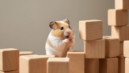 A Hamster Climbing Up A Stack Of Wooden Blocks Upscaled