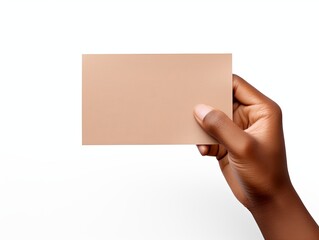 A hand holding a tan paper isolated on white background