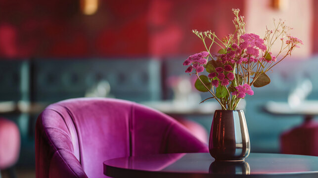 Nobody in the minimalistic empty modern restaurant cafeteria interior with comfortable elegant purple chair and vase with flowers on the table. Luxury, expensive dining fancy decor indoor, sunlight