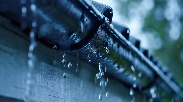 Closeup of the rain falling on the aluminum gutter on the house shingles roof, water drainage