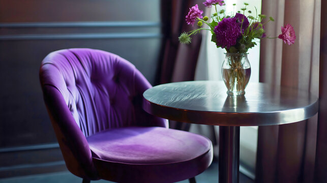 Nobody in the minimalistic empty modern restaurant cafeteria interior with comfortable elegant purple chair and vase with flowers on the table. Luxury, expensive dining fancy decor indoor, sunlight - Powered by Adobe