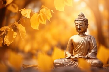 Makha Asanaha Visakha Bucha Day Golden Buddha image. Background of Bodhi leaves with shining light. Soft image and smooth focus style and copy space - generative ai