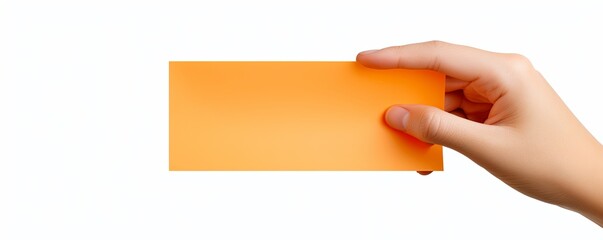 A hand holding an orange paper isolated on white background