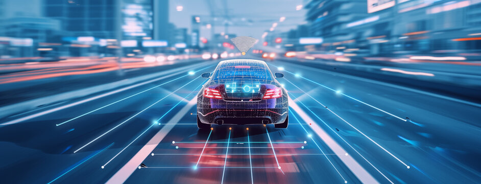 An EV or smart car glides through traffic, its sensors alert to road conditions, effortlessly avoiding obstacles—an epitome of smart, eco-friendly mobility