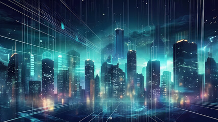 Vibrant digital smart city at night