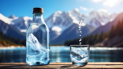 Bottle and glass of pouring crystal water against blurred nature snow mountain landscape background. Organic pure natural water. Healthy refreshing alkaline.