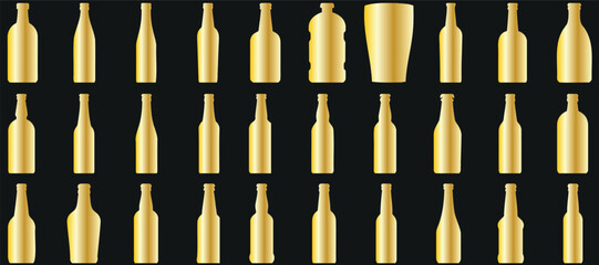 Golden luxury bottles, various shapes of bottle . Perfect for exclusive branding, premium quality goods. Modern, versatile design, elegant display of opulent, sophisticated style