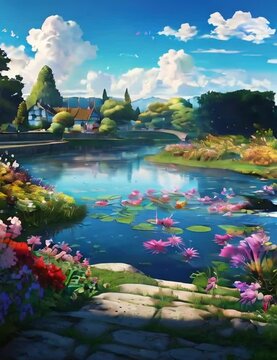A anime style image of a beautiful flower garden situated at a bank of river video Generative AI