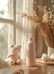 Fototapeta na wymiar pink shampoo bottle mockup with white pump on wooden table
