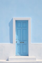 A white door next to a light azure wall