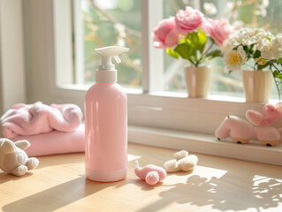 Obraz na płótnie Canvas pink shampoo bottle mockup with white pump on wooden table