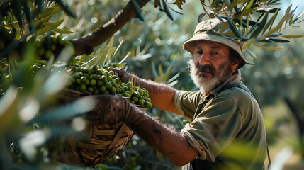 A man olive grower collects olives from an olive tree. Olive growing