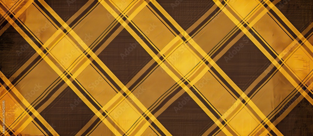 Poster a detailed view of a tartan fabric in shades of yellow and black, resembling a checkered pattern. th