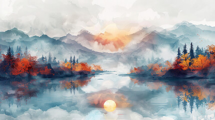 wallpaper, watercolor mountain landscape with river and trees, sunrise over the lake.  Modern art, prints, wallpapers, posters and murals - obrazy, fototapety, plakaty