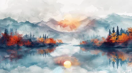 Fotobehang wallpaper, watercolor mountain landscape with river and trees, sunrise over the lake.  Modern art, prints, wallpapers, posters and murals © Imran