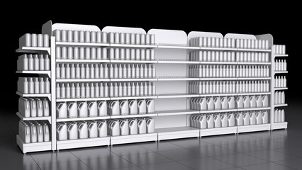 Store shelves with blank products and empty department for your goods. 3d illustration on black background