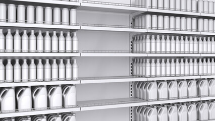 Store shelves with blank products, design template for mockup. 3d illustration