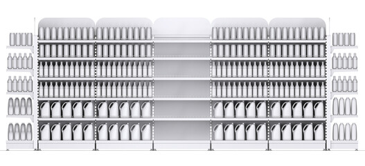 Store shelves with blank products and empty department for your goods. 3d illustration on white background