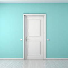 A white door next to a light cyan wall
