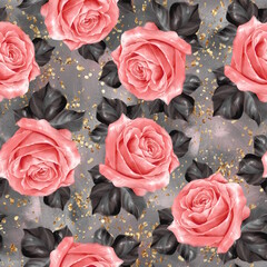 Red roses seamless pattern on gray background. Romantic fabric design with glitter. - 762425989