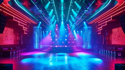 Bright futuristic concert stage with dynamic neon red blue illumination. Modern Night Club. Concept of virtual reality events, futuristic concerts, and high tech stage design. - obrazy, fototapety, plakaty