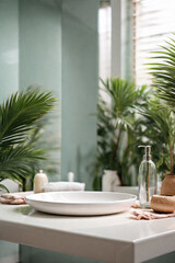 Empty white tabletop for product display with bathroom on background. Summer tropical vibes.