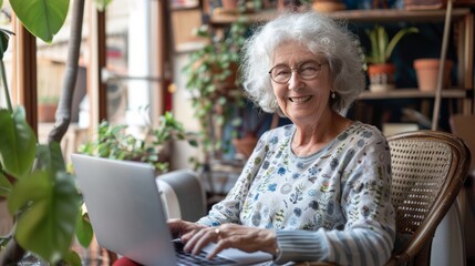 A woman is sitting in a chair and smiling while using a laptop