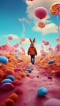 A Man wearing a bunny chasing a child in a mysterious candy world video Generative AI
