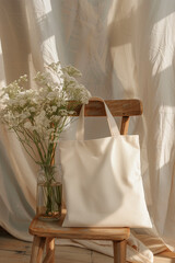 
A blank tote bag mockup, with the handle hanging over an oak wood chair and delicate flowers inside it
