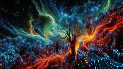 A digital artwork of a barren tree against a backdrop of swirling energy waves and a starry sky, symbolizing solitude amidst cosmic vibrancy. - obrazy, fototapety, plakaty