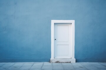 A white door next to a light navy blue wall