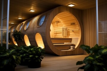 Contemporary Modern wooden sauna. Bath healthy. Generate Ai