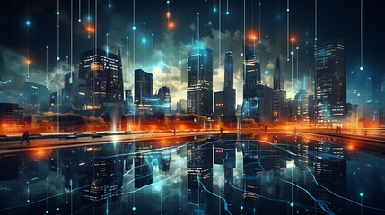 Fototapeta na wymiar Modern city panorama abstract concept of internet