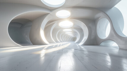 Illustration of a white circular room. Abstract architecture background. Futuristic minimal design. AI generative - obrazy, fototapety, plakaty
