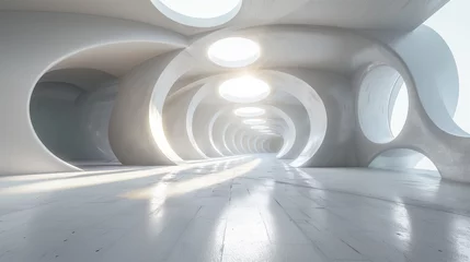 Fotobehang Illustration of a white circular room. Abstract architecture background. Futuristic minimal design. AI generative © sdmin_d