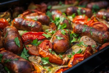 Appetizing Sausage bake closeup. Cooking grill. Generate Ai