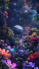 A celestial garden where planets and stars blossom
