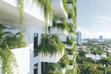 Fototapeta na wymiar An array of balconies adorned with overflowing greenery creates a vertical garden effect, juxtaposing lush nature against modern urban architecture.