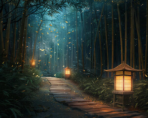 A lantern-lit path in a bamboo grove