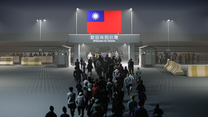 People walk through the border checkpoint gate to Taiwan at night - 3D conceptual animation
