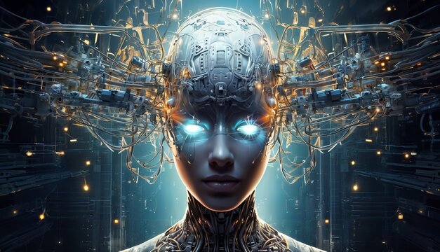 A faceless cyborg head with intricate wiring and machinery, embodying advanced artificial intelligence in a dark, futuristic setting.