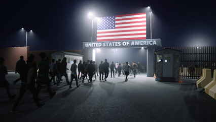 Naklejka premium People walk through the border checkpoint gate to United states of America at night - 3D rendered