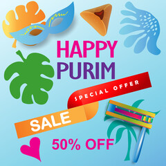 Sale offer banner Happy Purim Jewish Holiday gifts card traditional purim food symbols. Purim noisemaker, masque, gragger, wine bottle, hamantachhen cookies, crown, star of David, festival decoration  - obrazy, fototapety, plakaty
