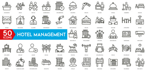 Hotel Management icon. Hotel Reception, Check-In, Check-Out, Concierge Service, Reservations, Room Service, Hotel Keys, Front Desk, Hotel Bell and Housekeeping icon set. - obrazy, fototapety, plakaty