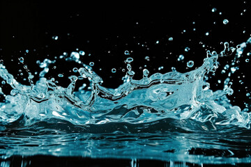 Water splash on black background against blue sky Dynamic and refreshing nature concept